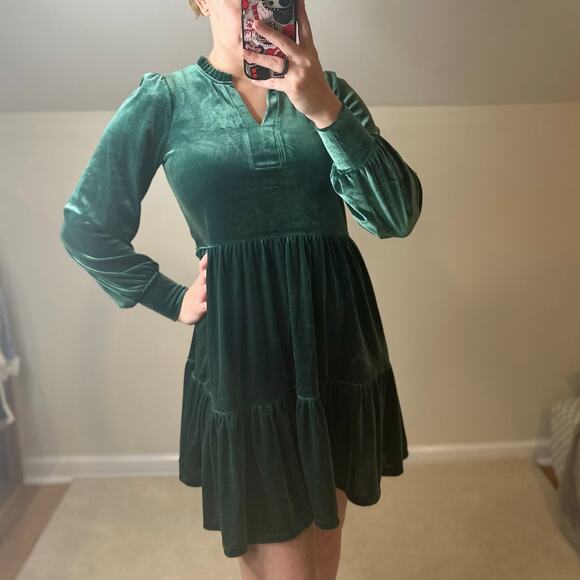 1.State: Green Velvet Tiered Dress - Picture 1 of 12